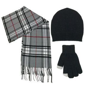 Brand new set of gloves hat and scarf together black and plaid